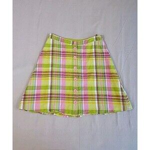 H & M Knee Skirt Pink Green Plaid Linen Blend Lined Buttons Cottage Barbiecore